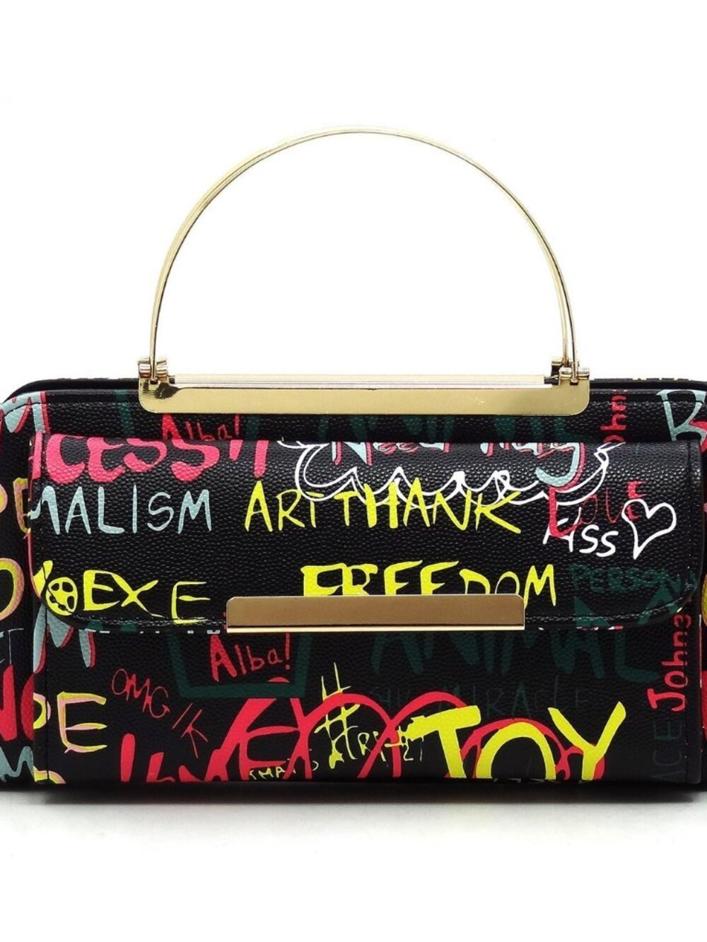 Graffiti Print Top-Handle Clutch with Gold Accents Blk Pink